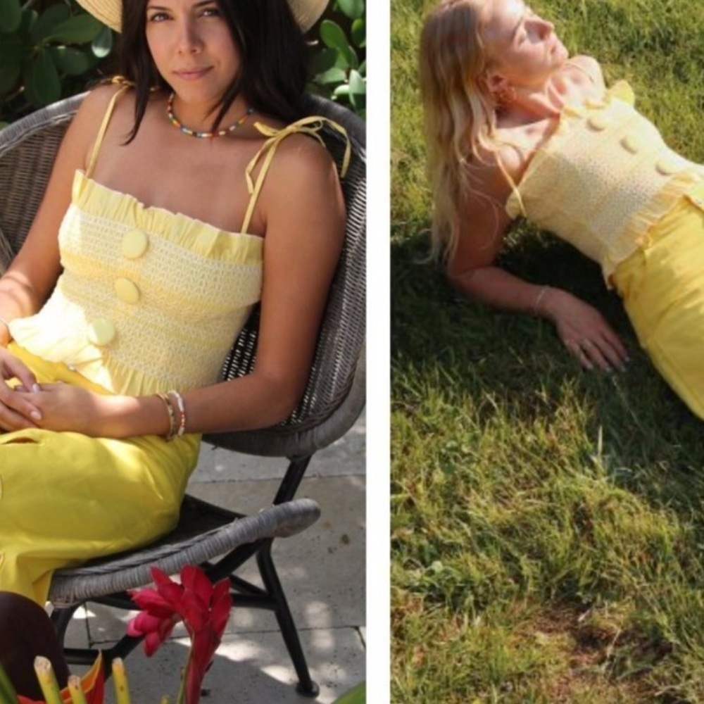 HOUSE OF SUNNY yellow plaid check ruched smocked ruffle cropped tank top